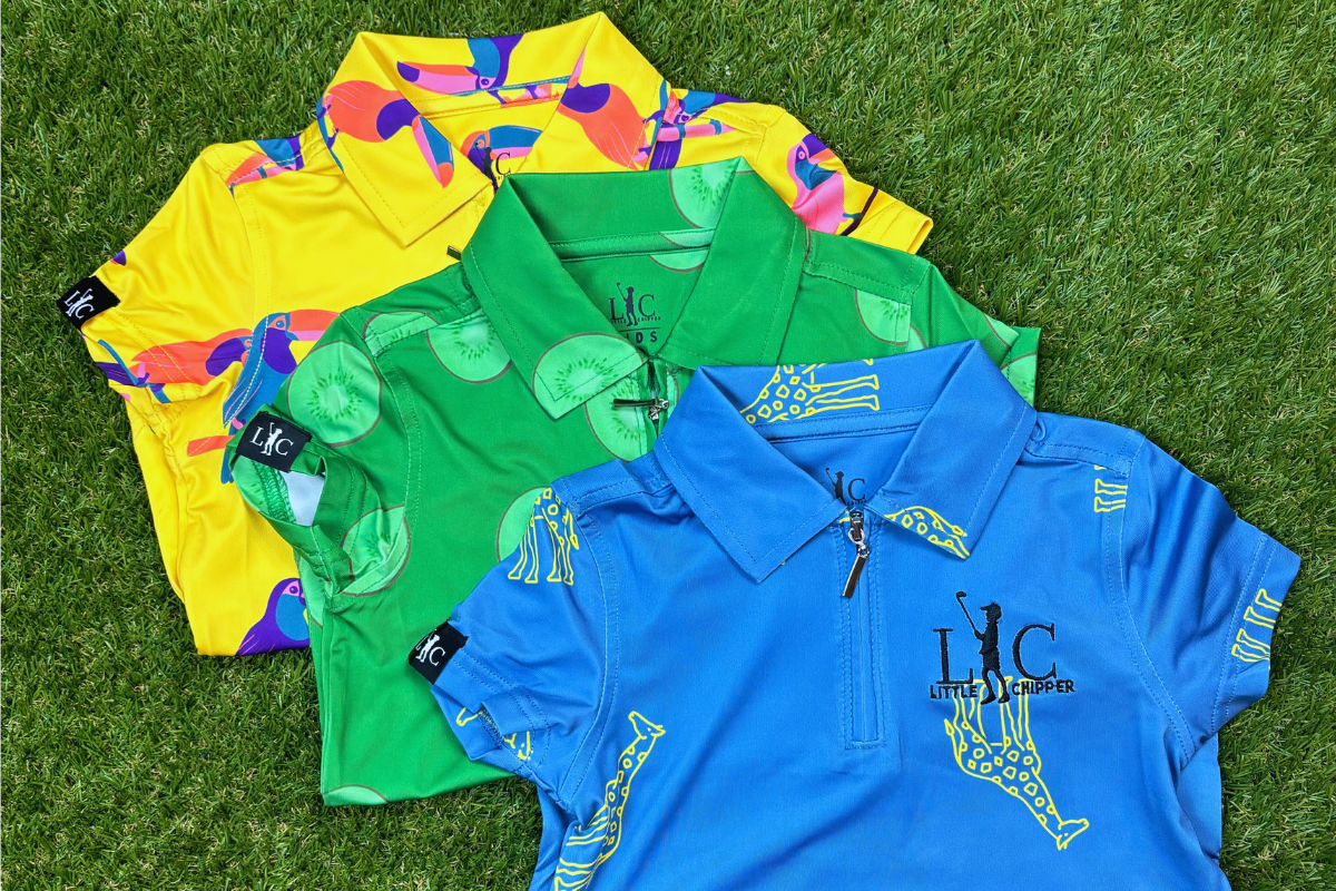Funky and colourful matching golf shirts for dads and kids from Little Chipper